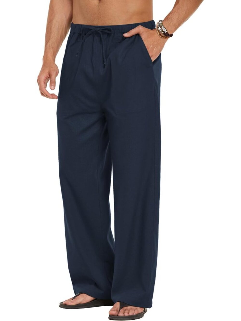 Men Linen Pants Casual Elastic Waist Drawstring Pants Summer Beach